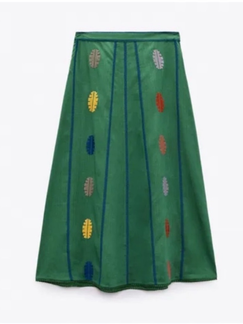 NWT ZARA Green Embroidered A-Line Skirt Linen Blend Aztec size Extra Small Boho